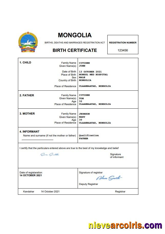 Mongolia birth certificate